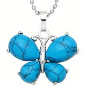 Cute Butterfly Pendant Blue Howlite Stone Necklace